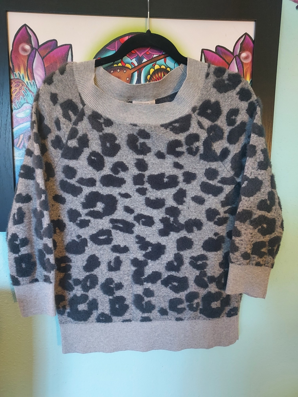 LOFT Gray and Black Leopard Print Crewneck Sweater